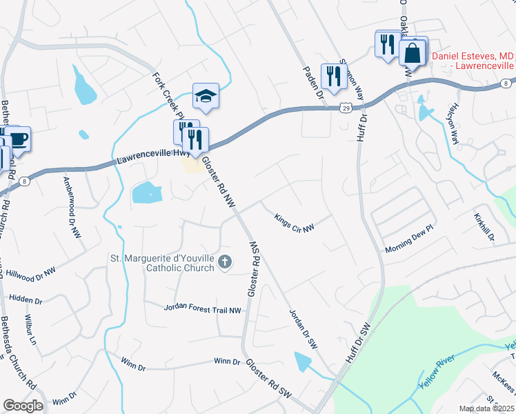 map of restaurants, bars, coffee shops, grocery stores, and more near 2668 Kings Way Northwest in Lawrenceville