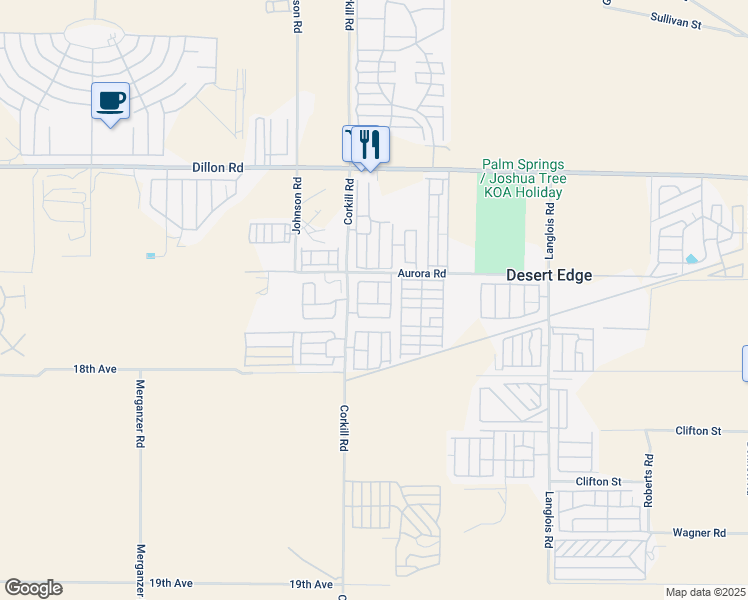 map of restaurants, bars, coffee shops, grocery stores, and more near 17640 Corkill Road in Desert Hot Springs