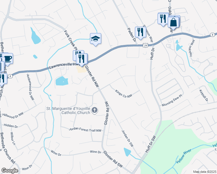 map of restaurants, bars, coffee shops, grocery stores, and more near 2668 Kings Way Northwest in Lawrenceville