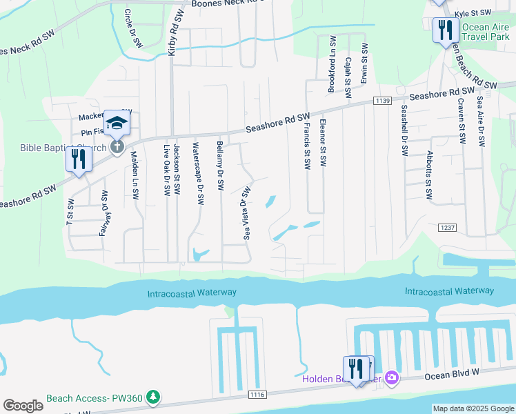 map of restaurants, bars, coffee shops, grocery stores, and more near 2285 E Sea Palm Court Southwest in Supply