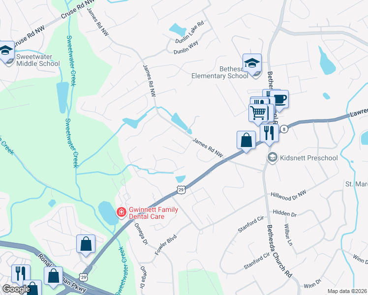 map of restaurants, bars, coffee shops, grocery stores, and more near 505 Saint James Court Northwest in Lawrenceville