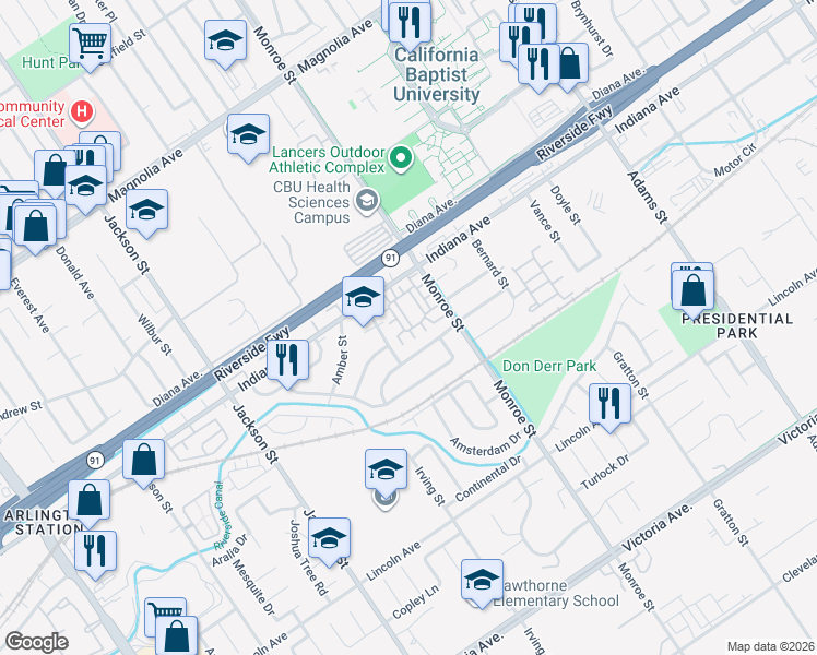 map of restaurants, bars, coffee shops, grocery stores, and more near 3340 Brou Lane in Riverside