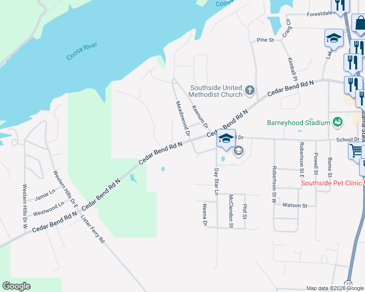 map of restaurants, bars, coffee shops, grocery stores, and more near 2070 Cedar Bend Road North in Gadsden