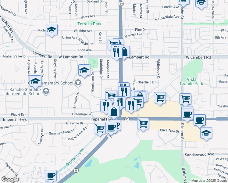 map of restaurants, bars, coffee shops, grocery stores, and more near 911 South Beach Boulevard in La Habra