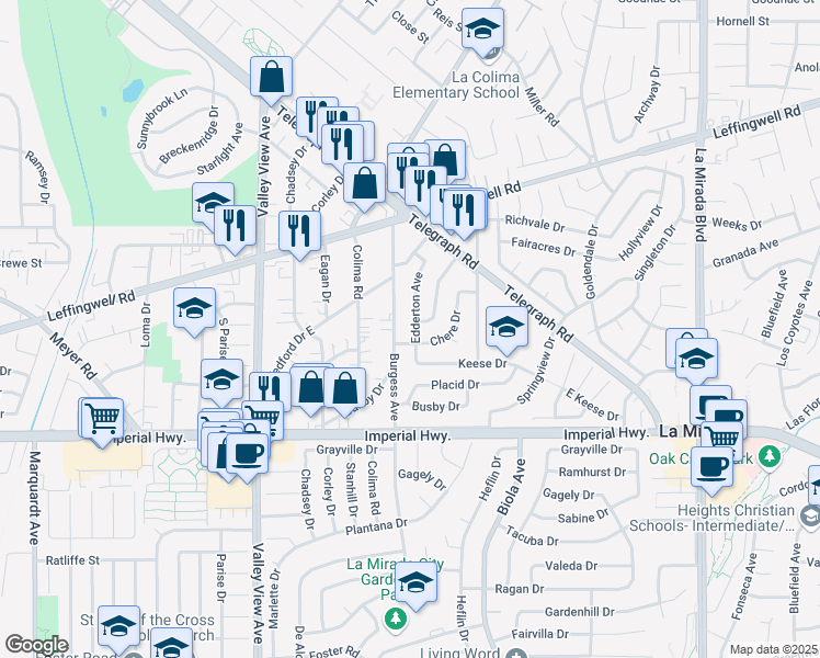 map of restaurants, bars, coffee shops, grocery stores, and more near 12033 Edderton Avenue in Whittier