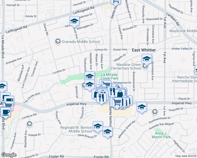 map of restaurants, bars, coffee shops, grocery stores, and more near 12203 Santa Gertrudes Avenue in La Mirada