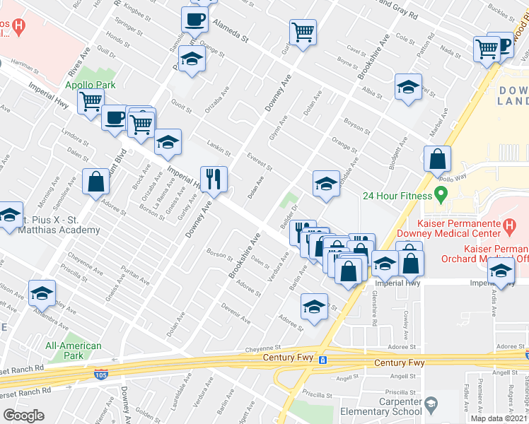 map of restaurants, bars, coffee shops, grocery stores, and more near 12567 Brookshire Avenue in Downey