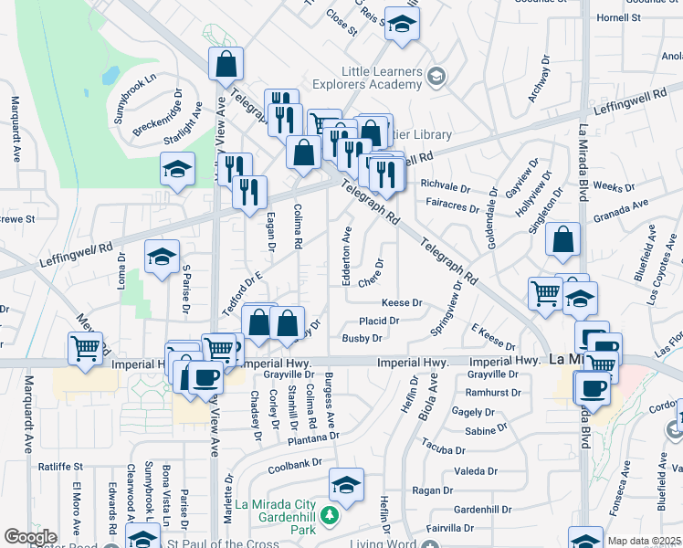 map of restaurants, bars, coffee shops, grocery stores, and more near 12033 Edderton Avenue in Whittier
