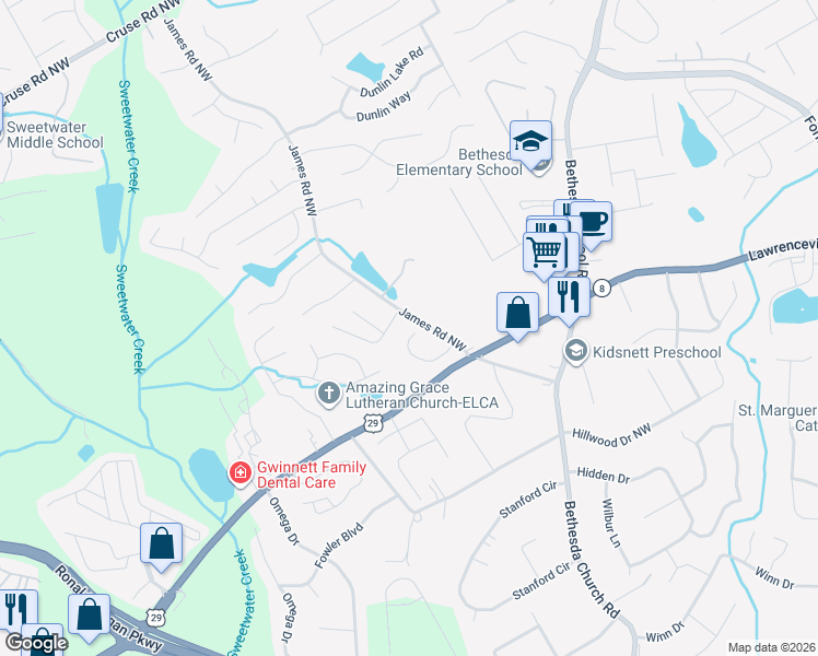 map of restaurants, bars, coffee shops, grocery stores, and more near 3200 Saint James Place Northwest in Lawrenceville