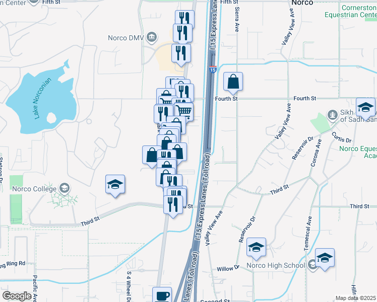 map of restaurants, bars, coffee shops, grocery stores, and more near 2655 Hamner Avenue in Norco
