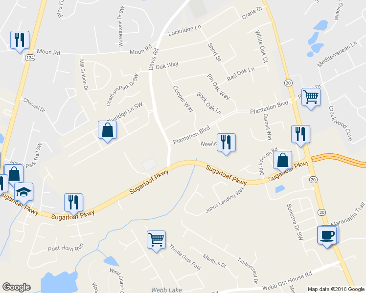 map of restaurants, bars, coffee shops, grocery stores, and more near 632 Plantation Boulevard in Lawrenceville