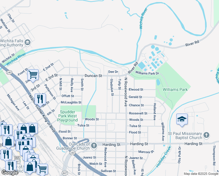 map of restaurants, bars, coffee shops, grocery stores, and more near 1405 Gladiolus Street in Wichita Falls