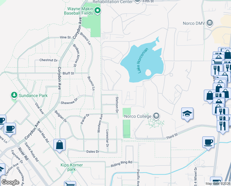 map of restaurants, bars, coffee shops, grocery stores, and more near 3025 Appaloosa Street in Norco