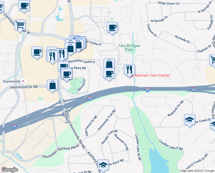 map of restaurants, bars, coffee shops, grocery stores, and more near 241 Perimeter Center Pkwy NE in Dunwoody