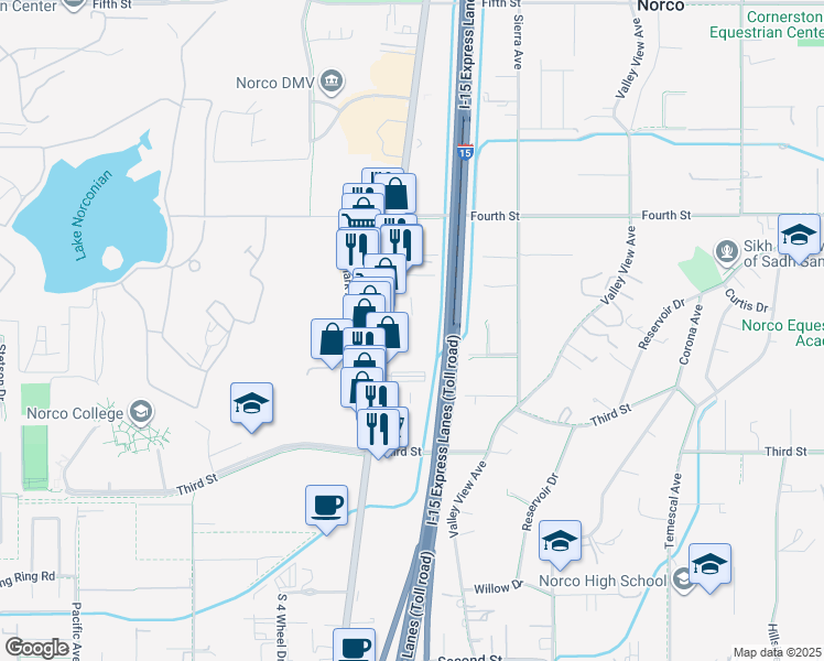 map of restaurants, bars, coffee shops, grocery stores, and more near 2655 Hamner Avenue in Norco