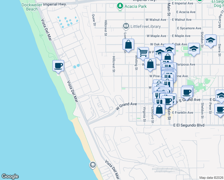 map of restaurants, bars, coffee shops, grocery stores, and more near 355 Hillcrest Street in El Segundo