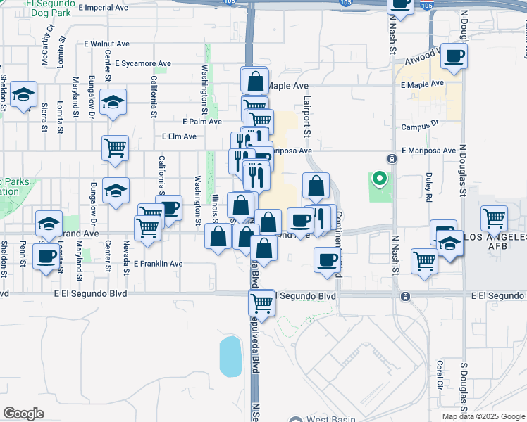 map of restaurants, bars, coffee shops, grocery stores, and more near 390 North Pacific Coast Highway in El Segundo