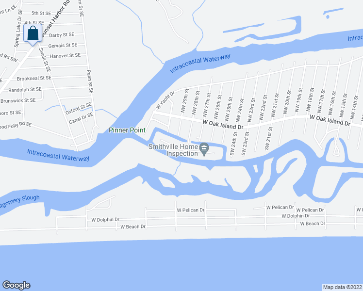 map of restaurants, bars, coffee shops, grocery stores, and more near 106 West Island Drive in Oak Island