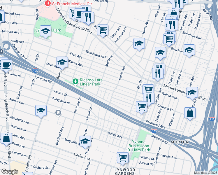 map of restaurants, bars, coffee shops, grocery stores, and more near 4030 Lugo Avenue in Lynwood