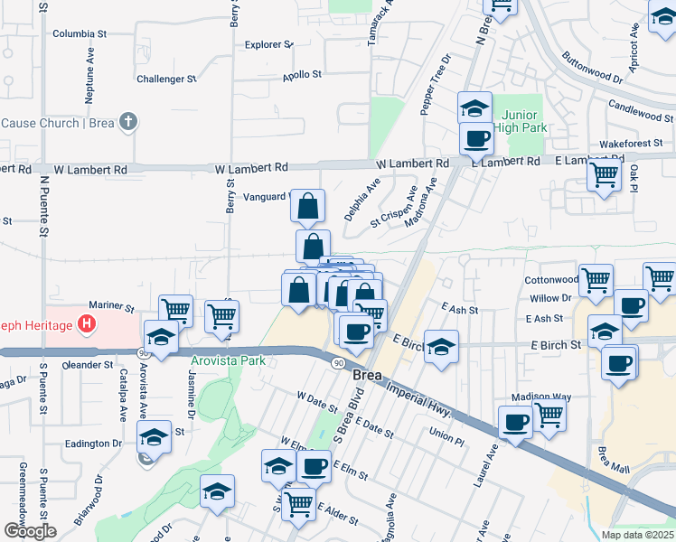 map of restaurants, bars, coffee shops, grocery stores, and more near 363 Honeysuckle Lane in Brea