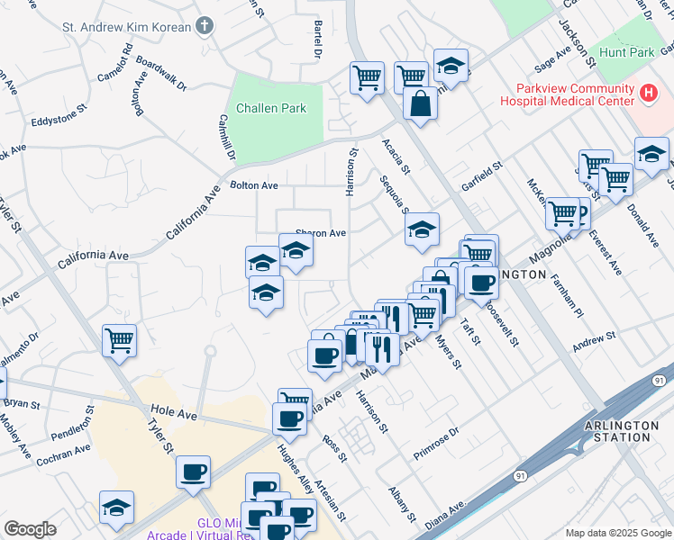 map of restaurants, bars, coffee shops, grocery stores, and more near 4000 Harrison Street in Riverside