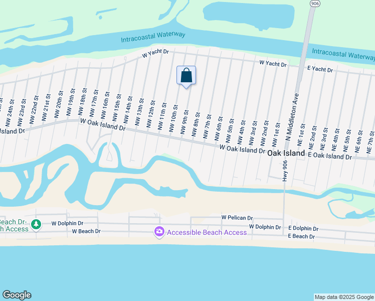 map of restaurants, bars, coffee shops, grocery stores, and more near 105 Southwest 8th Street in Oak Island