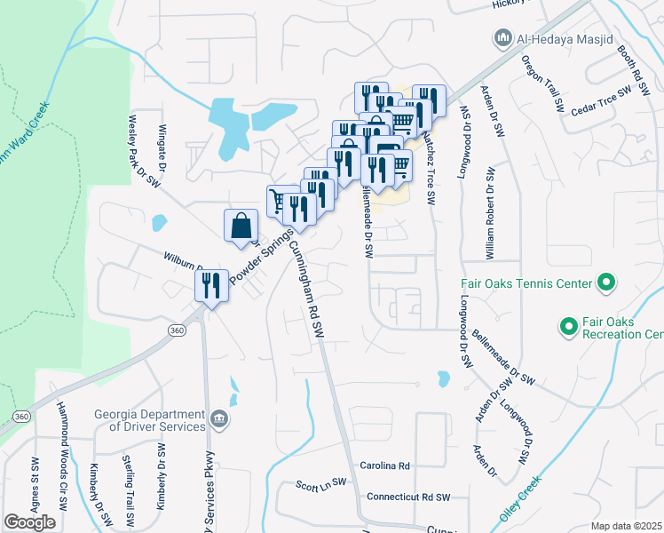 map of restaurants, bars, coffee shops, grocery stores, and more near 1275 Cunningham Road Southwest in Marietta