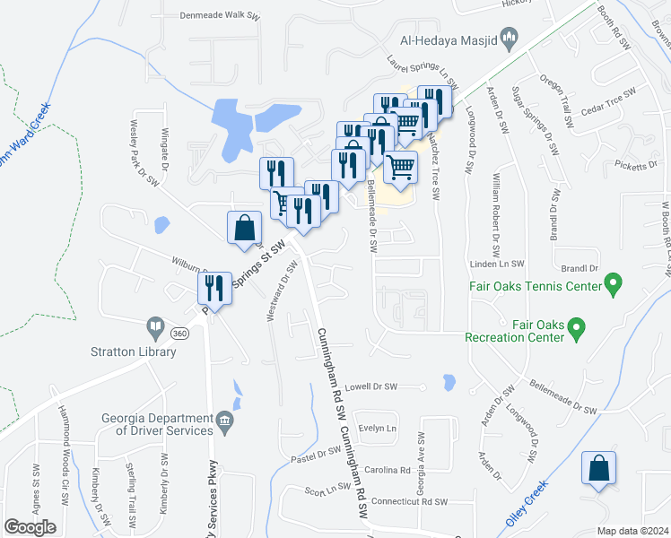 map of restaurants, bars, coffee shops, grocery stores, and more near 1275 Cunningham Road Southwest in Marietta