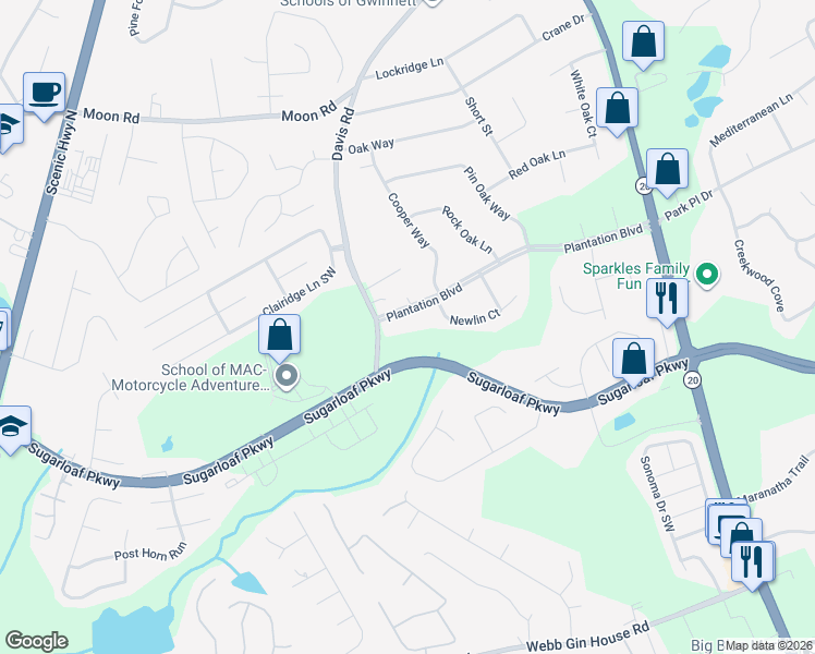 map of restaurants, bars, coffee shops, grocery stores, and more near 632 Plantation Boulevard in Lawrenceville