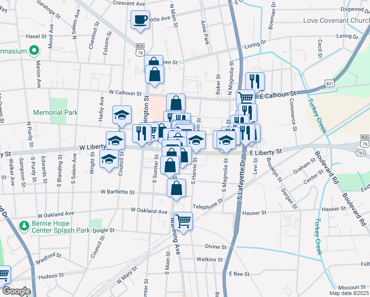 map of restaurants, bars, coffee shops, grocery stores, and more near 7 East Liberty Street in Sumter