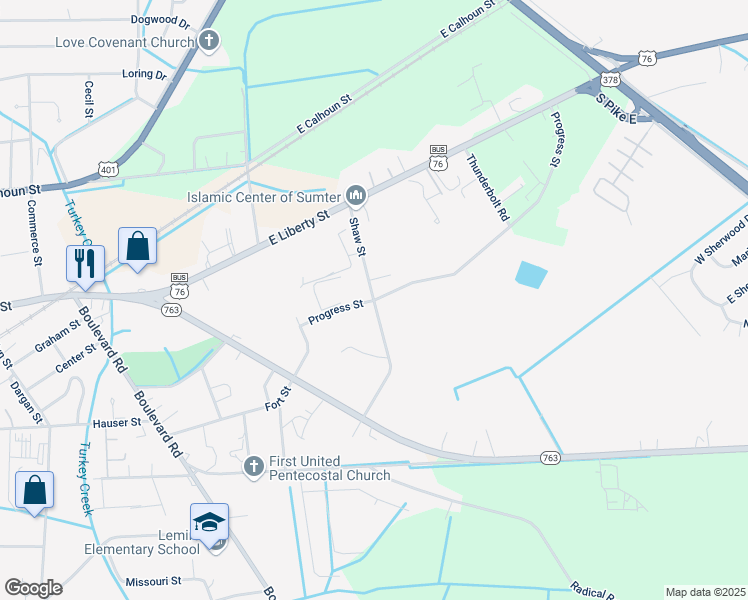 map of restaurants, bars, coffee shops, grocery stores, and more near Shaw Street in Sumter