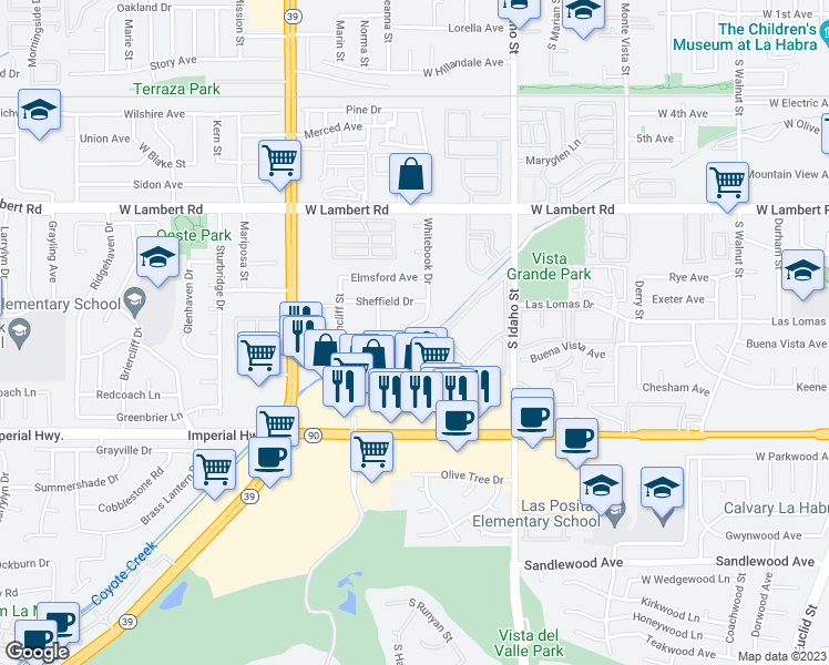 map of restaurants, bars, coffee shops, grocery stores, and more near 1541 Wilton Way in La Habra