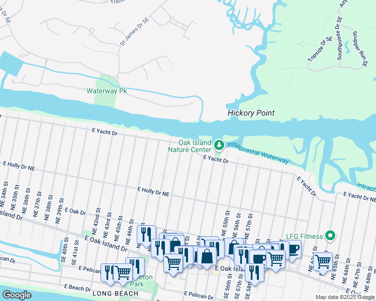 map of restaurants, bars, coffee shops, grocery stores, and more near 4905 East Yacht Drive in Oak Island