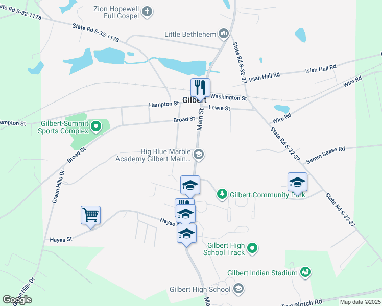 map of restaurants, bars, coffee shops, grocery stores, and more near 401 Main Street in Gilbert