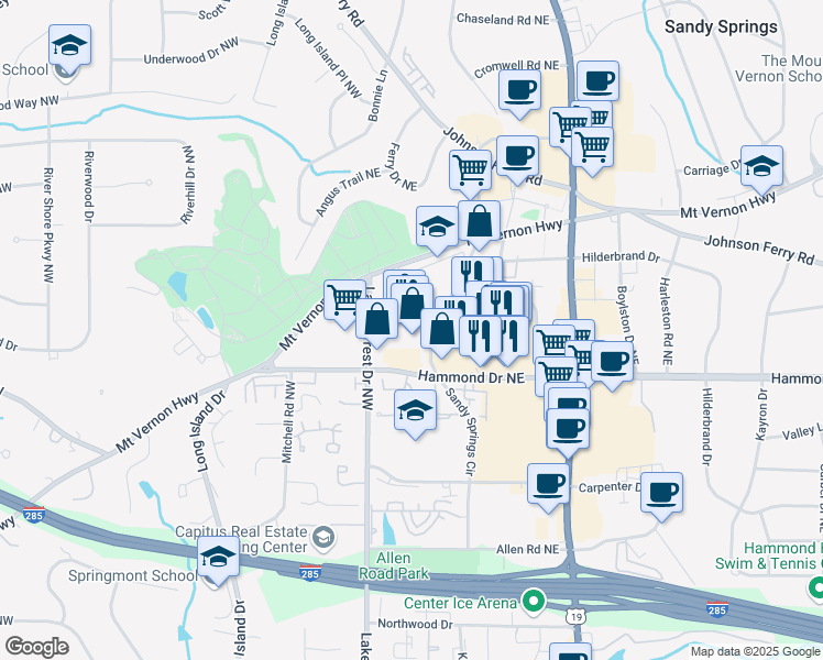 map of restaurants, bars, coffee shops, grocery stores, and more near 6018 Sandy Springs Circle in Sandy Springs