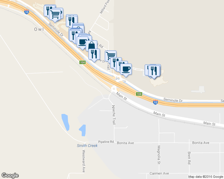 map of restaurants, bars, coffee shops, grocery stores, and more near Apache Trail in Cabazon
