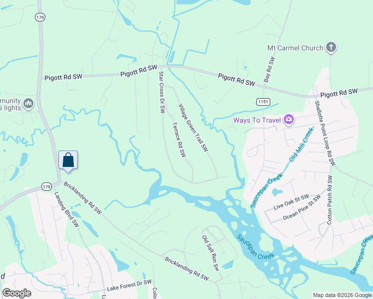 map of restaurants, bars, coffee shops, grocery stores, and more near 4574 Breakers Trace Court in Shallotte