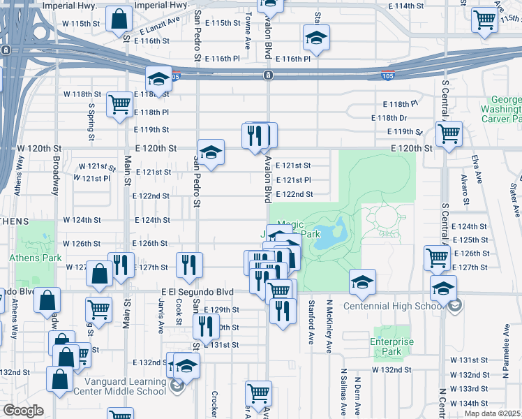 map of restaurants, bars, coffee shops, grocery stores, and more near 12227 South Avalon Boulevard in Los Angeles