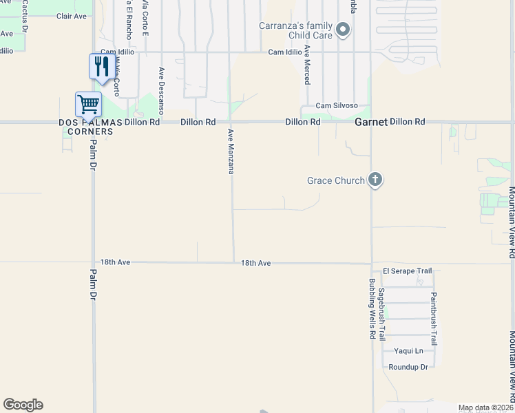 map of restaurants, bars, coffee shops, grocery stores, and more near 67203 Kann Road in Desert Hot Springs