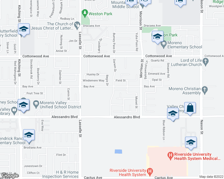 map of restaurants, bars, coffee shops, grocery stores, and more near 26326 Bay Avenue in Moreno Valley