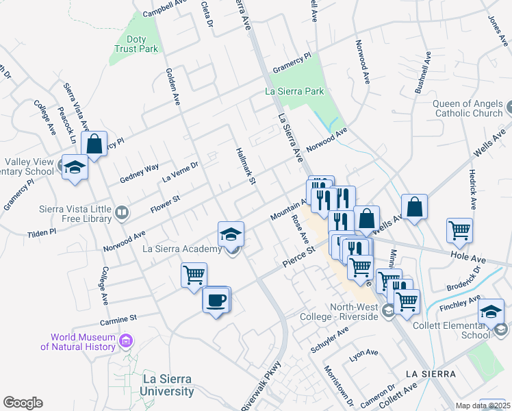 map of restaurants, bars, coffee shops, grocery stores, and more near 5049 Hallmark Street in Riverside