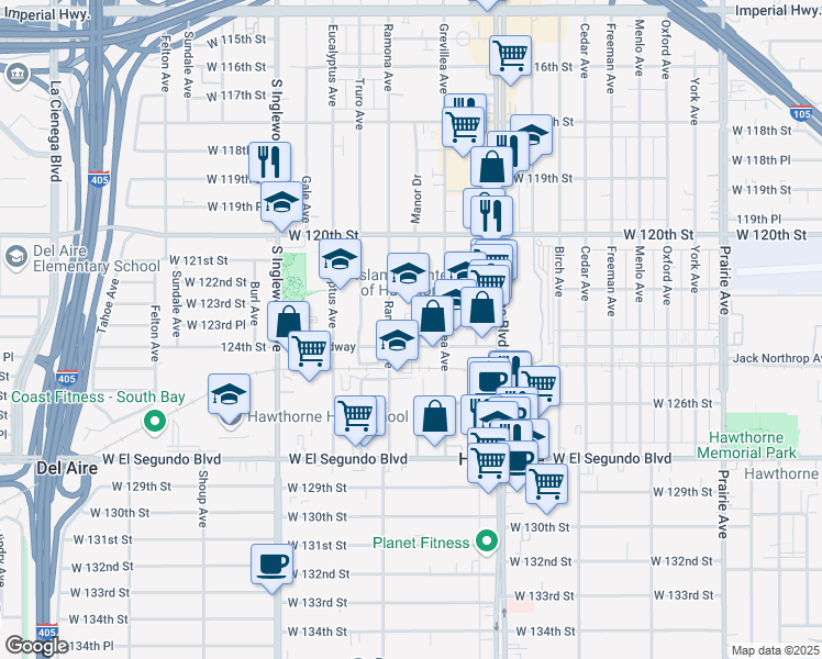 map of restaurants, bars, coffee shops, grocery stores, and more near 12245 Manor Drive in Hawthorne