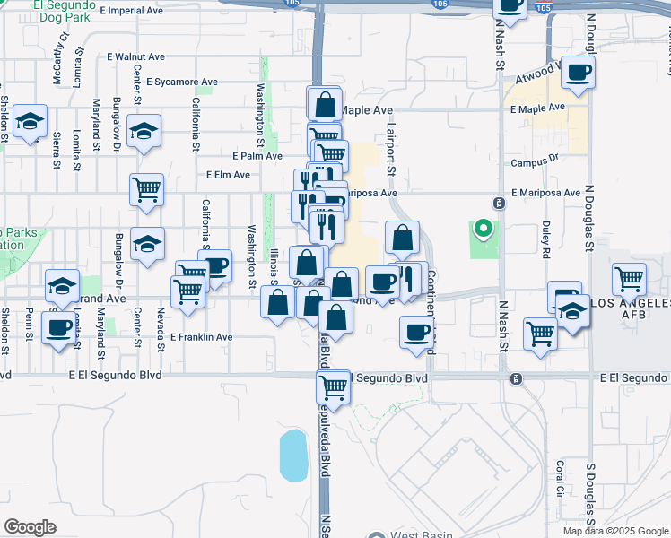 map of restaurants, bars, coffee shops, grocery stores, and more near 390 North Pacific Coast Highway in El Segundo