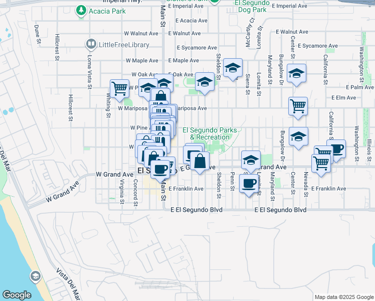 map of restaurants, bars, coffee shops, grocery stores, and more near 402 Standard Street in El Segundo