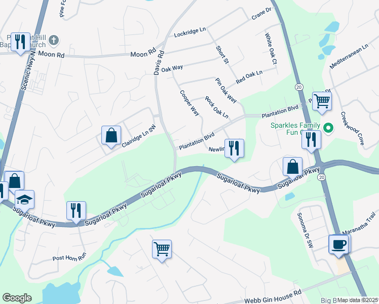 map of restaurants, bars, coffee shops, grocery stores, and more near 632 Plantation Boulevard in Lawrenceville