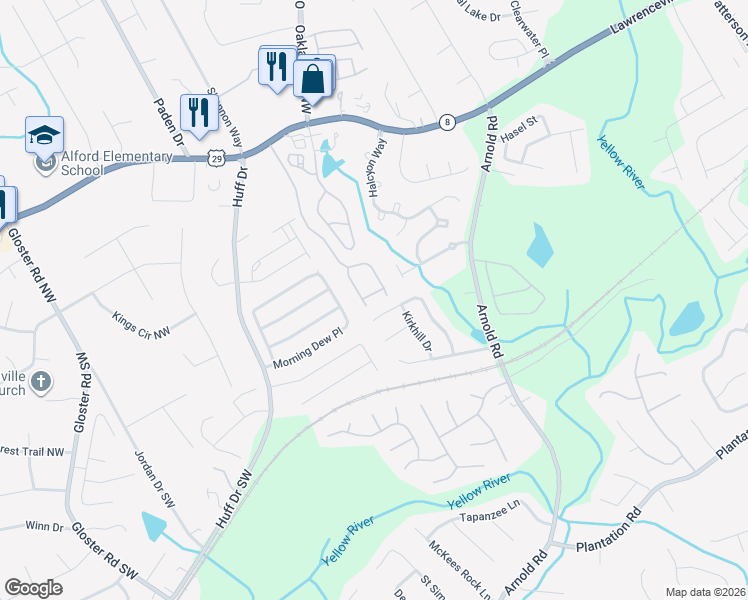 map of restaurants, bars, coffee shops, grocery stores, and more near 162 Haven Oak Way in Lawrenceville