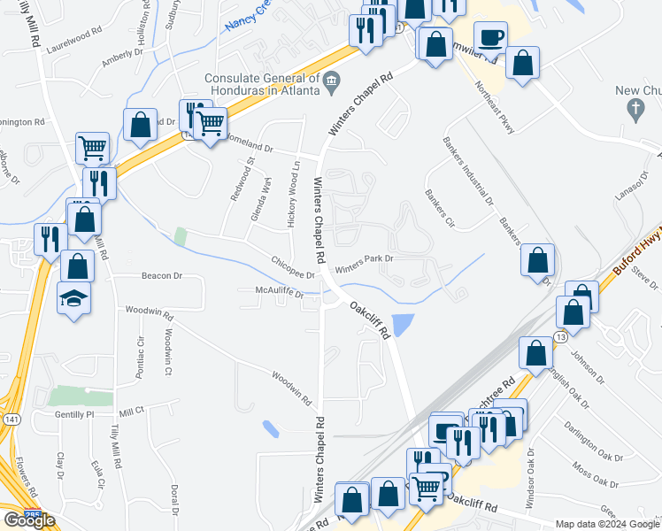 map of restaurants, bars, coffee shops, grocery stores, and more near in Doraville