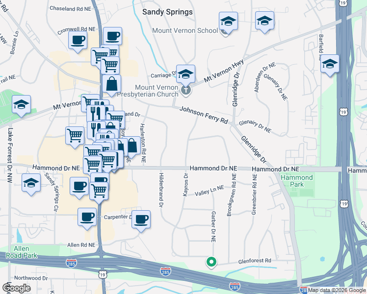 map of restaurants, bars, coffee shops, grocery stores, and more near 6086 Kayron Drive in Atlanta
