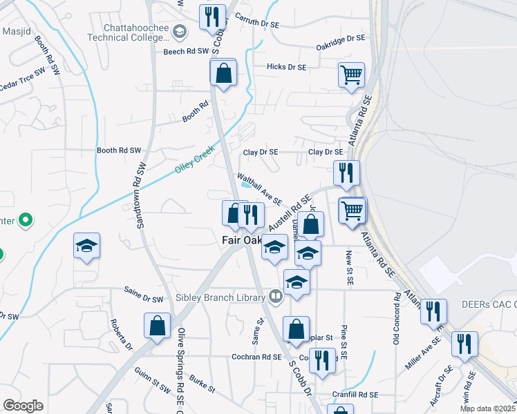 map of restaurants, bars, coffee shops, grocery stores, and more near 1305 South Cobb Drive in Marietta