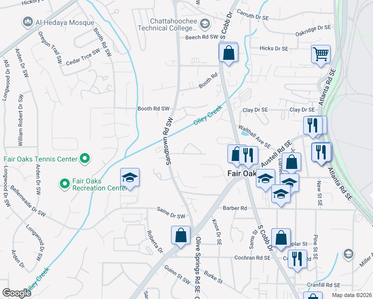 map of restaurants, bars, coffee shops, grocery stores, and more near 1301 Houndslake Drive in Marietta